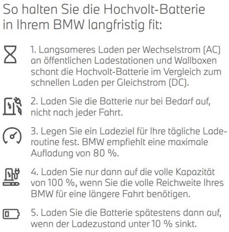 Grafik mit Hinweisen, wie eine BMW Batterie langfristig fit gehalten wird